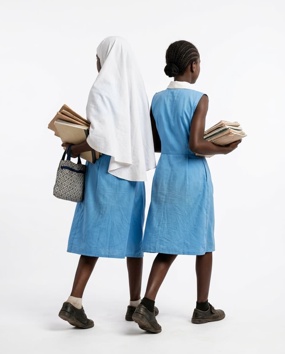Two schoolgirls in blue uniforms, seen from behind, carrying exercise books