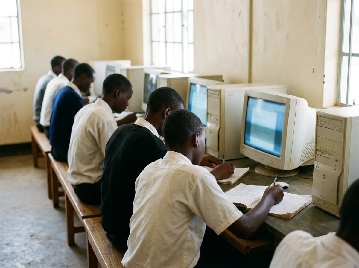 Secondary school students writing notes at a row of older desktop computers