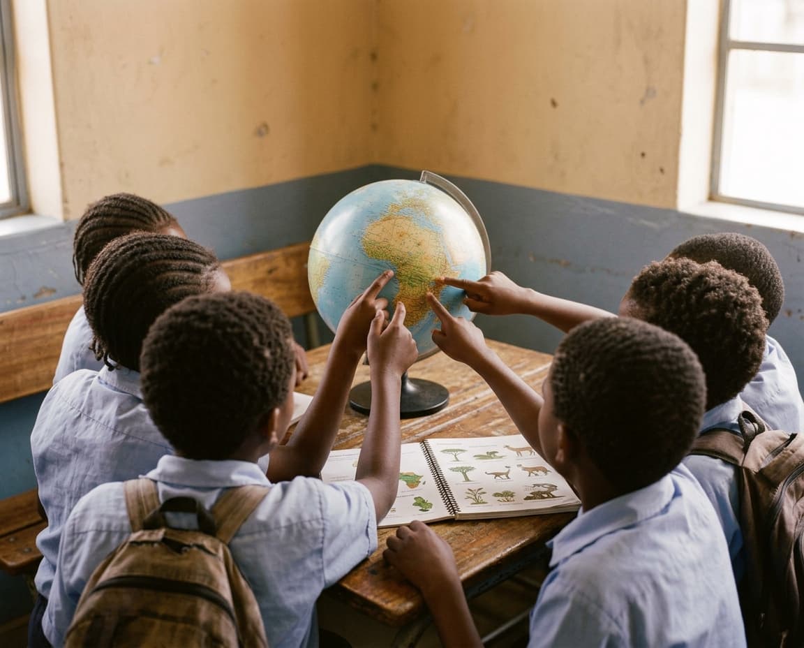 Learners, seen from behind, pointing at Africa on a classroom globe above an open picture book