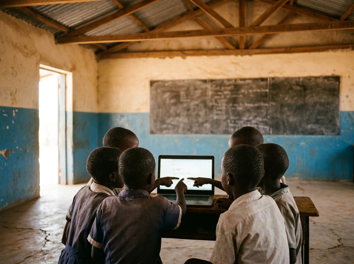 Children in school uniform, seen from behind, pointing at a laptop on a desk in a classroom with an iron-sheet roof