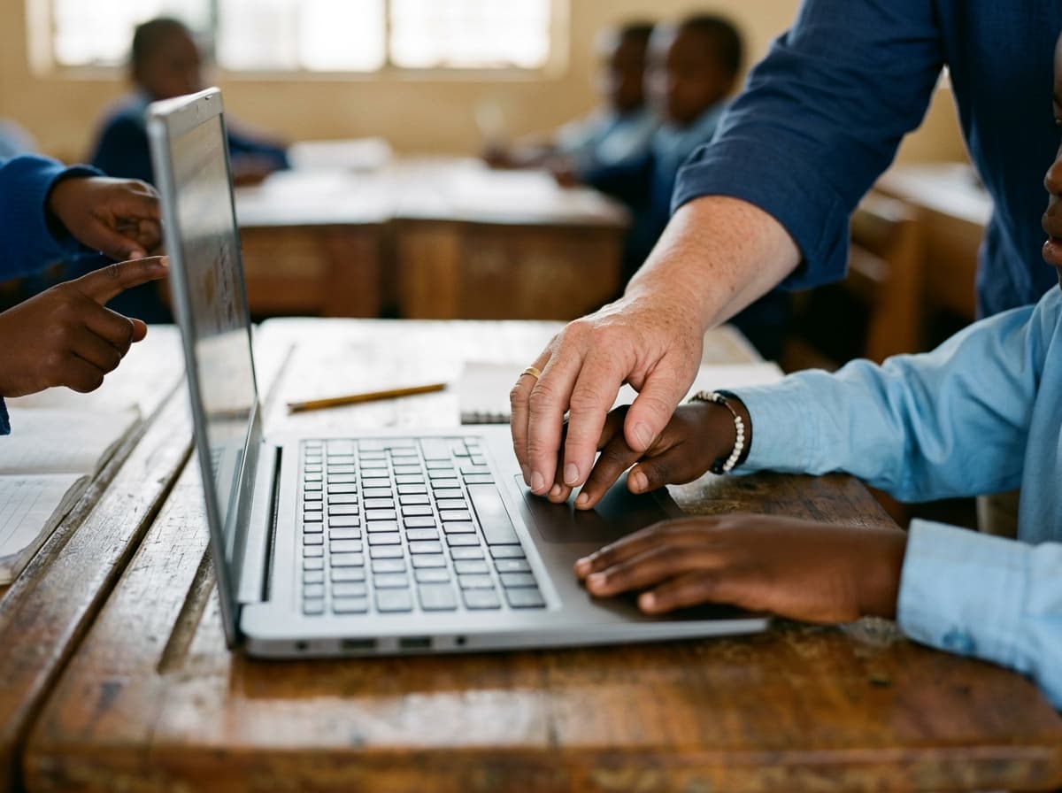 A teacher's hand guiding a pupil's hand on a laptop trackpad, on a wooden classroom desk