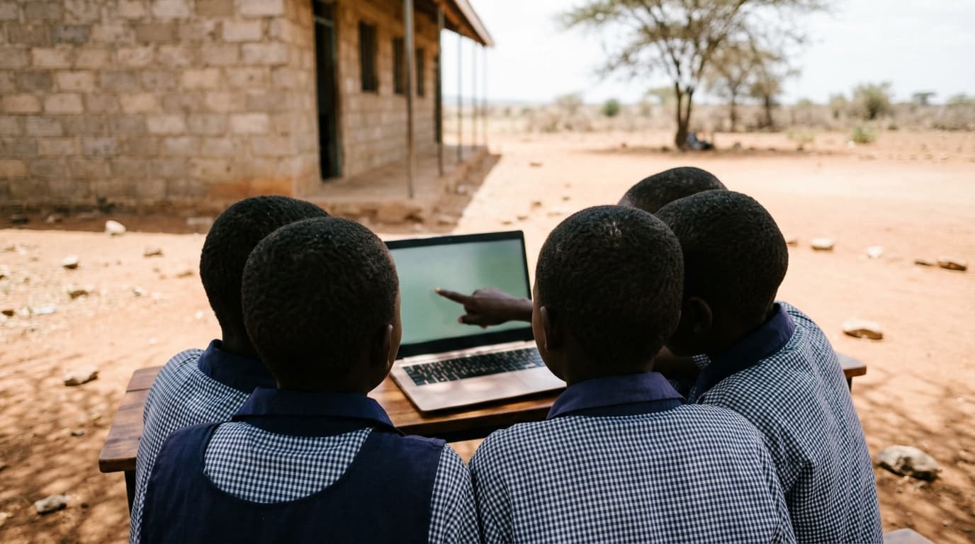 Pupils in checked school uniforms, seen from behind, gathered around a laptop on a table outside a stone classroom