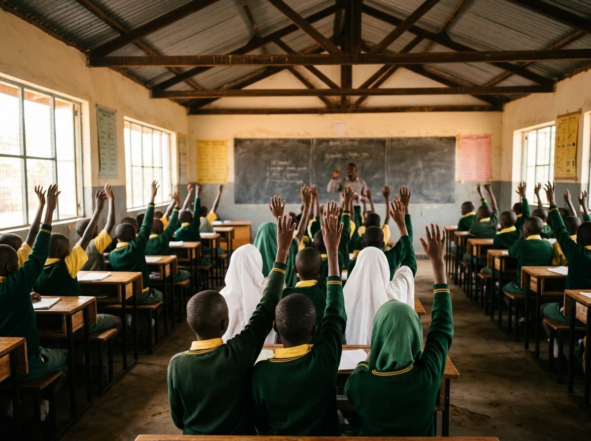 A classroom seen from the back, with pupils raising their hands while a teacher stands at the chalkboard